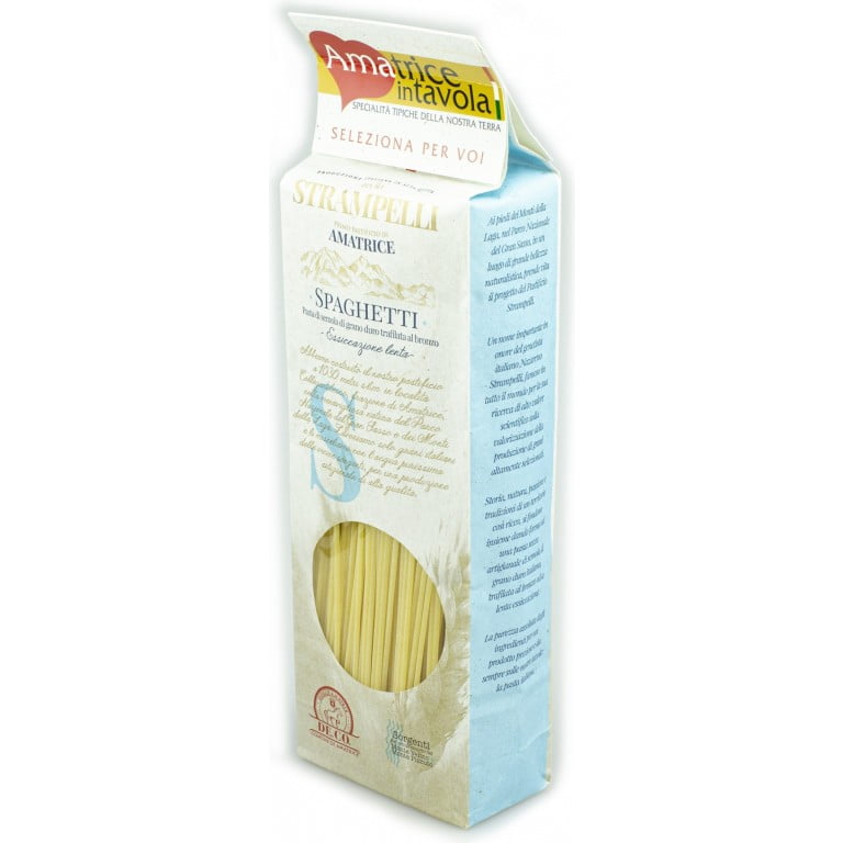 Pasta di semola di grano duro, ruvida e porosa, grano 100% italiano, essiccazione lenta a bassa temperatura, prodotta nello Stabilimento Strampelli di Amatrice. Prodotta nello Stabilimento Strampelli di Amatrice
