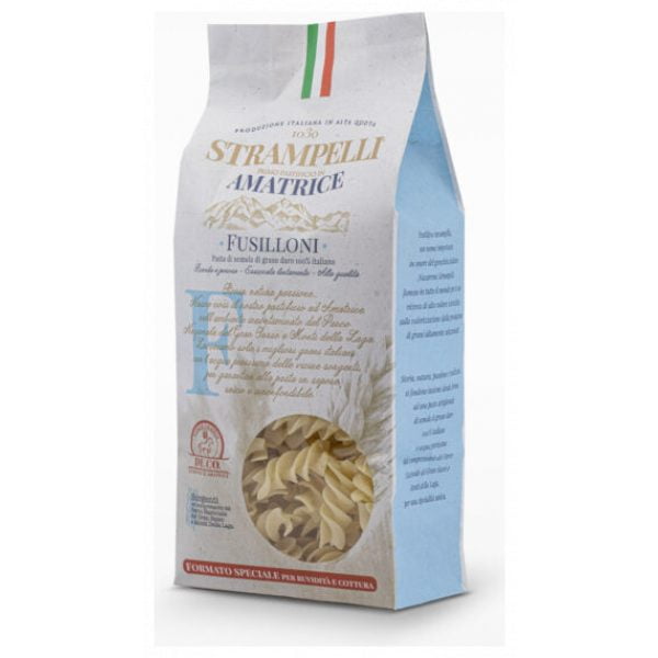 Pasta di semola di grano duro, ruvida e porosa, grano 100% italiano, essiccazione lenta a bassa temperatura, prodotta nello Stabilimento Strampelli di Amatrice.